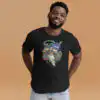 Model wearing a black Fire Emblem shirt featuring the “We Like Ike” design with a chibi-style Ike wielding Ragnell.