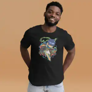 Model wearing a black Fire Emblem shirt featuring the “We Like Ike” design with a chibi-style Ike wielding Ragnell.