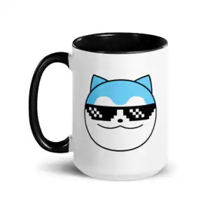 Cool Sommie Mug – White ceramic Fire Emblem Mug with black handle and interior, featuring Sommie from Fire Emblem wearing pixelated ‘deal with it’ sunglasses in a bold, minimalist style.