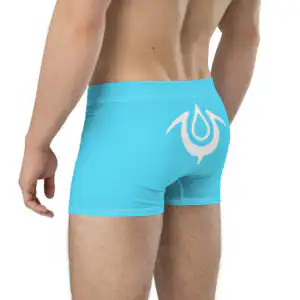 Angled rear image showing white exalt mark on blue Emblem Undies Fire Emblem Boxer Briefs