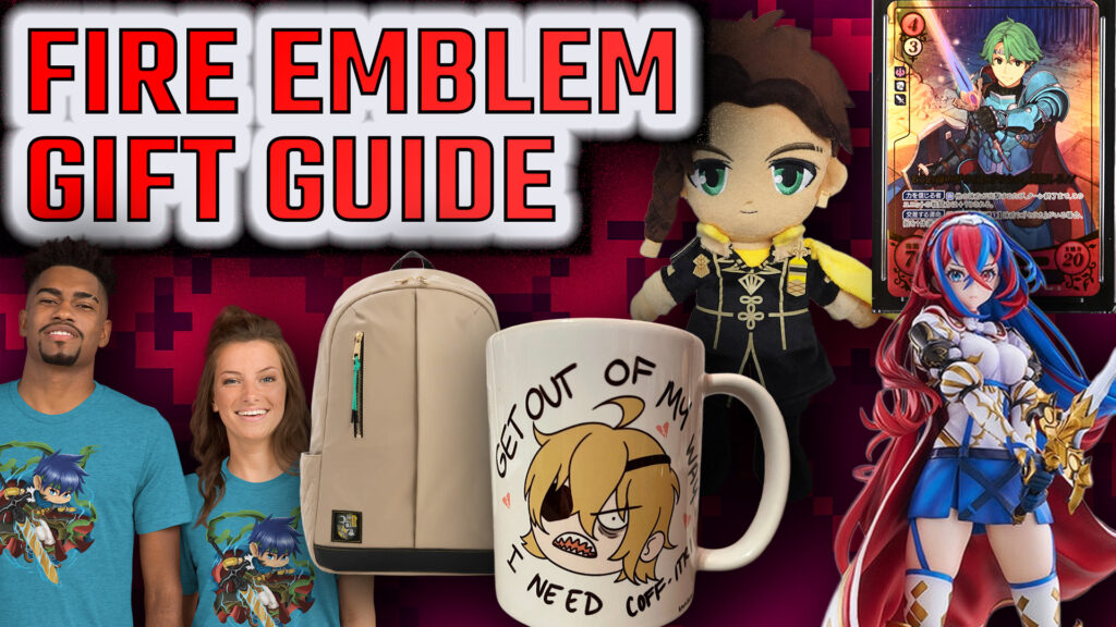 Collage of Fire Emblem gifts including a backpack, character plush, coffee mug, trading card, figurine, and t-shirts, with bold red text reading ‘Fire Emblem Gift Guide’ on a pixelated red background.