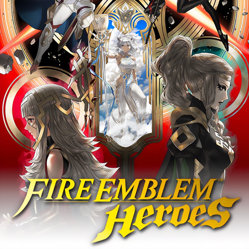 Fire Emblem Heroes with Veronica, Laetizia, Ash around the logo