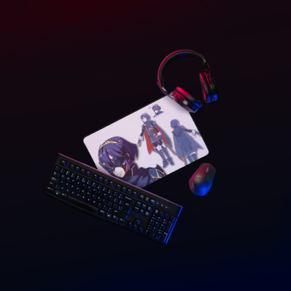 Small Lucina desk mat in use – gaming setup with keyboard, mouse, and headset on top of concept art mouse pad featuring masked Awakening design