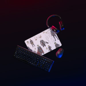 Small Alm desk mat – custom mouse pad showing Echoes: Shadows of Valentia concept art with keyboard and mouse setup