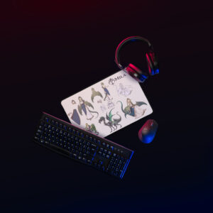 Small Mila desk mat – Fire Emblem Echoes concept art mouse pad with goddess and dragon design shown in gaming setup