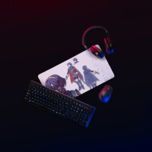 Medium Lucina desk mat in use – gaming setup with keyboard, mouse, and headset on top of concept art mouse pad featuring masked Awakening design
