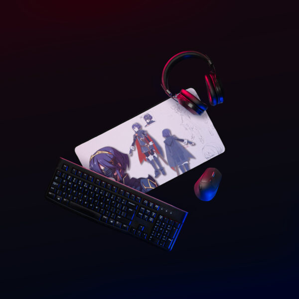 Medium Lucina desk mat in use – gaming setup with keyboard, mouse, and headset on top of concept art mouse pad featuring masked Awakening design