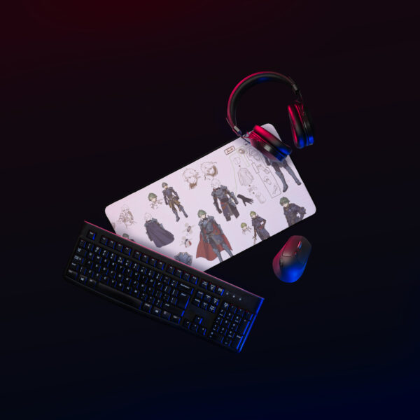 Medium Alm desk mat – concept art mouse pad with gaming keyboard, headset, and Shadows of Valentia design