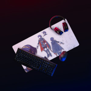 Large Lucina desk mat in use – gaming setup with keyboard, mouse, and headset on top of concept art mouse pad featuring masked Awakening design