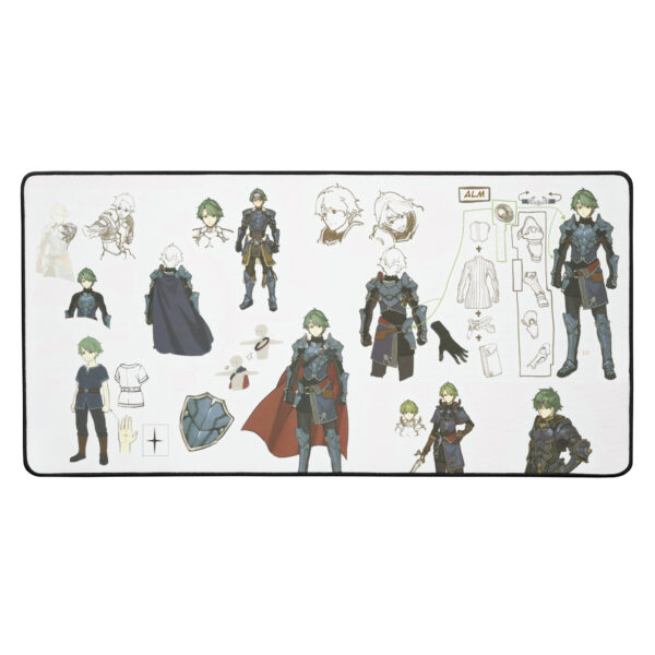 Large Alm desk mat – concept art gaming mouse pad featuring armor progression, sketches, and Echoes: Shadows of Valentia design