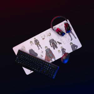 Large Alm desk mat – gaming setup with keyboard and headset on Echoes concept art mouse pad featuring armored design