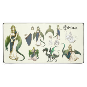 Large Mila desk mat – Fire Emblem Echoes concept art mouse pad with goddess design, dragon form, and character sketches