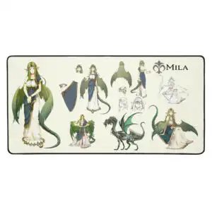 Large Mila desk mat – Fire Emblem Echoes concept art mouse pad with goddess design, dragon form, and character sketches