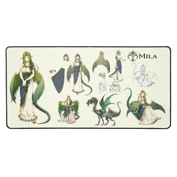 Large Mila desk mat – Fire Emblem Echoes concept art mouse pad with goddess design, dragon form, and character sketches