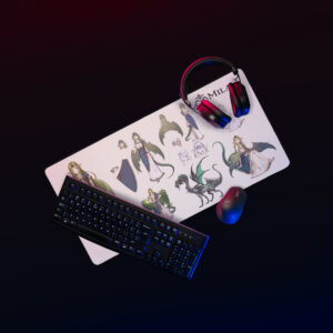 Large Mila desk mat – Fire Emblem Echoes gaming mouse pad with keyboard and headset setup, featuring goddess and dragon concept art