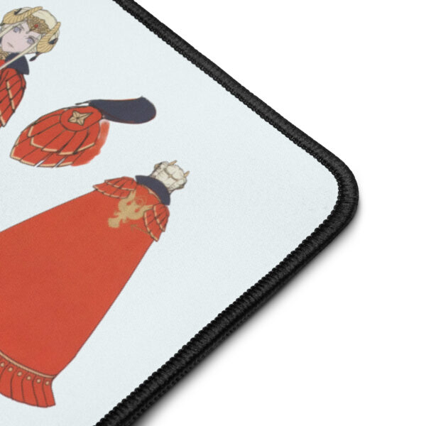 Corner detail of Edelgard concept art desk mat – stitched edge and red cape armor from Fire Emblem Three Houses design