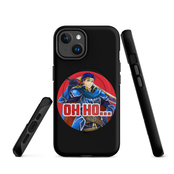 Black iPhone 14 case featuring Hector from Fire Emblem with red text that says “Oh Ho…” in a circular design.