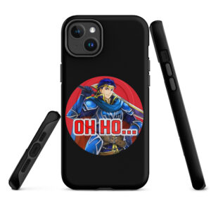 Black iPhone 14 Plus case featuring Hector from Fire Emblem with red text that says “Oh Ho…” in a circular design.