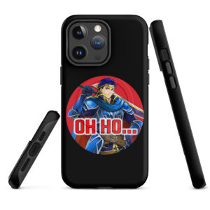 Black iPhone 14 Pro Max case featuring Hector from Fire Emblem with red text that says “Oh Ho…” in a circular design.