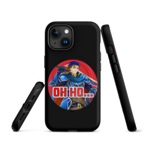 Black iPhone 15 case featuring Hector from Fire Emblem with red text that says “Oh Ho…” in a circular design.