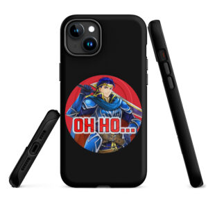 Black iPhone 15 Plus case featuring Hector from Fire Emblem with red text that says “Oh Ho…” in a circular design.