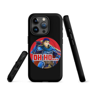 Black iPhone 15 Pro case featuring Hector from Fire Emblem with red text that says “Oh Ho…” in a circular design.