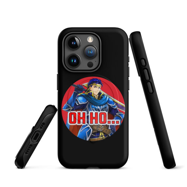 Black iPhone 15 Pro case featuring Hector from Fire Emblem with red text that says “Oh Ho…” in a circular design.