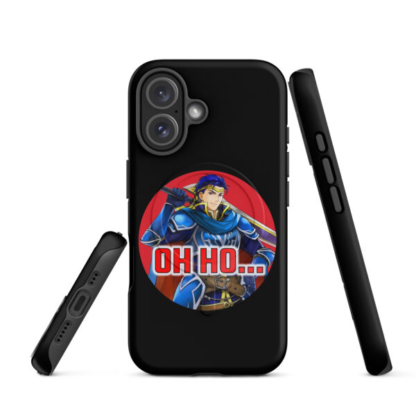 Black iPhone 16 case featuring Hector from Fire Emblem with red text that says “Oh Ho…” in a circular design.
