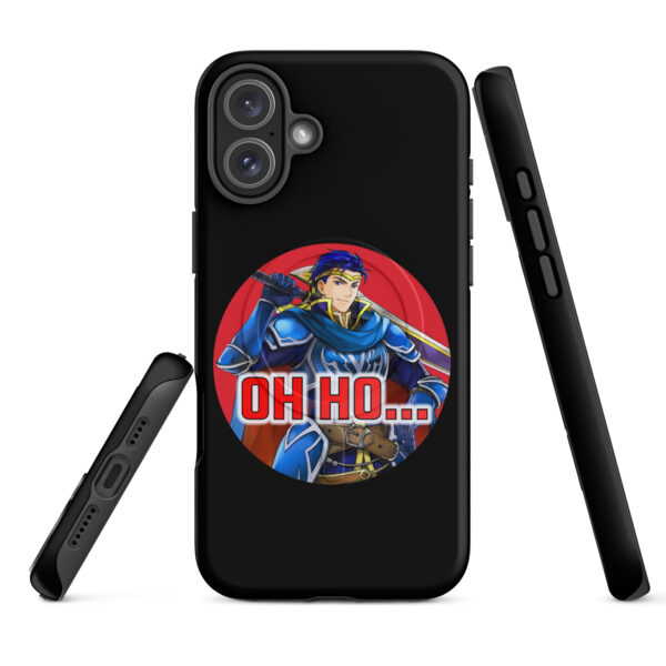 Black iPhone 16 Plus case featuring Hector from Fire Emblem with red text that says “Oh Ho…” in a circular design.