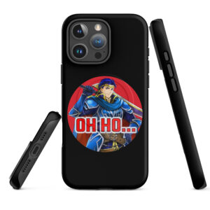 Black iPhone case featuring Hector from Fire Emblem with red text that says “Oh Ho…” in a circular design.