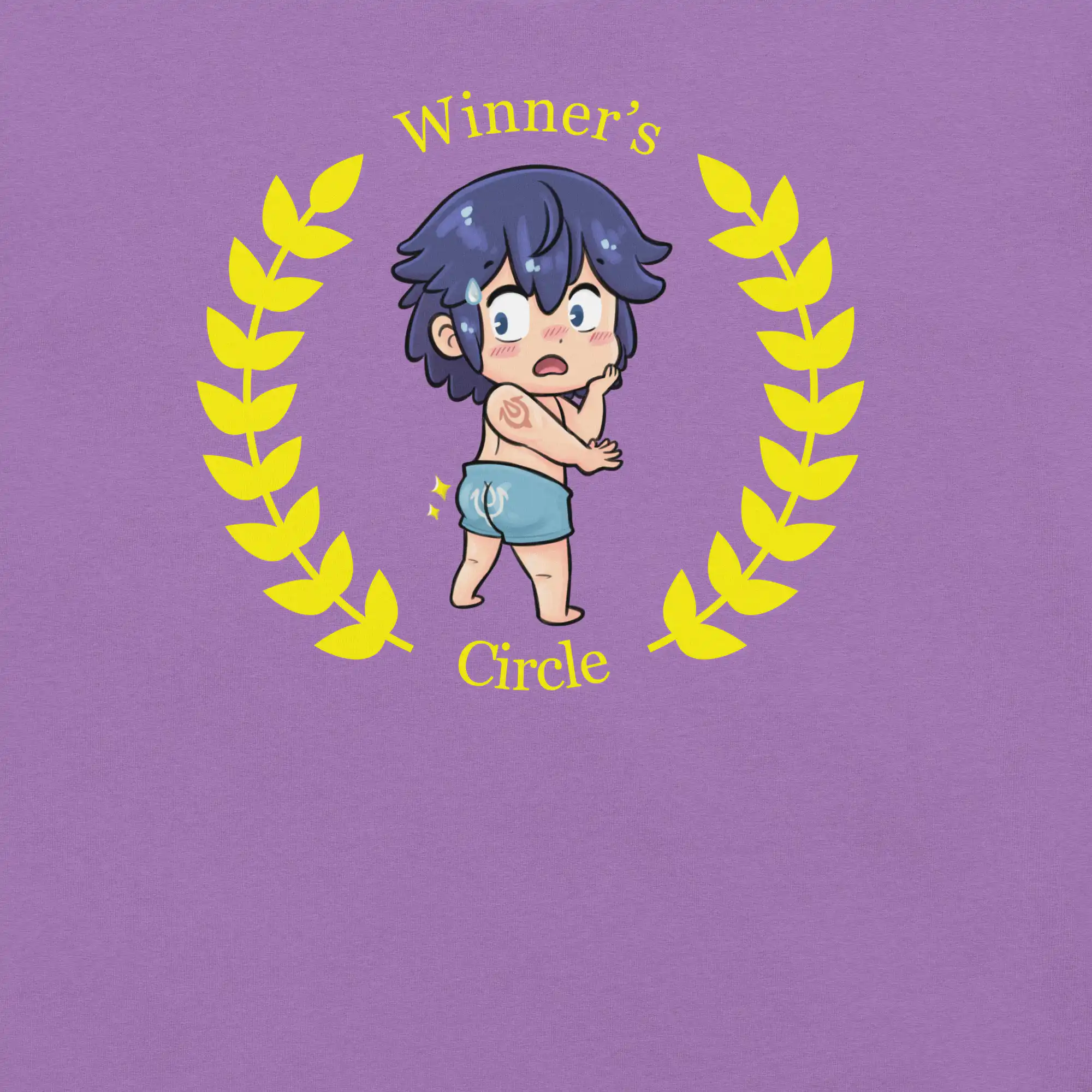 Chrom's Winner's Circle - Unisex Tee Fire Emblem shirt featuring chibi Chrom in swim trunks inside a winner’s circle design on a purple tee.