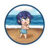 Parody Fire Emblem sticker featuring Chrom from Awakening in a retro-style beach scene, blushing in his DLC swimsuit with a nod to vintage sunscreen ads.