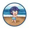 Parody Fire Emblem sticker featuring Chrom from Awakening in a retro-style beach scene, blushing in his DLC swimsuit with a nod to vintage sunscreen ads.