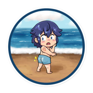 Parody Fire Emblem sticker featuring Chrom from Awakening in a retro-style beach scene, blushing in his DLC swimsuit with a nod to vintage sunscreen ads.