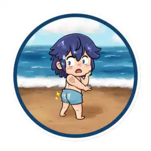Parody Fire Emblem sticker featuring Chrom from Awakening in a retro-style beach scene, blushing in his DLC swimsuit with a nod to vintage sunscreen ads.