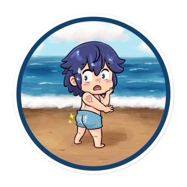 Parody Fire Emblem sticker featuring Chrom from Awakening in a retro-style beach scene, blushing in his DLC swimsuit with a nod to vintage sunscreen ads.
