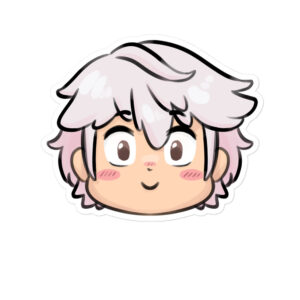 Fire Emblem sticker of male Robin’s head in cute chibi style with silver hair and blushing cheeks.