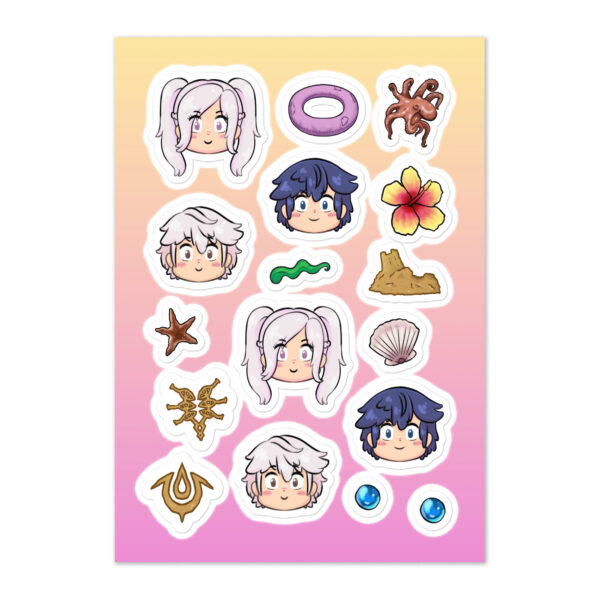 Fire Emblem sticker sheet with Chrom, Robin, and Summer Scramble beach elements from Fire Emblem Awakening, displayed on a white background.