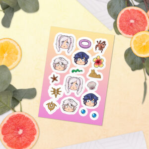 Fire Emblem sticker sheet inspired by Summer Scramble from Fire Emblem Awakening, styled on a pale yellow surface with sliced citrus fruits.