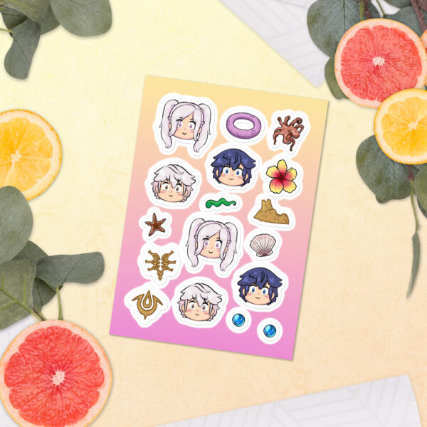 Fire Emblem sticker sheet inspired by Summer Scramble from Fire Emblem Awakening, styled on a pale yellow surface with sliced citrus fruits.