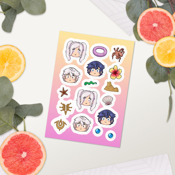 Fire Emblem sticker sheet featuring Summer Scramble designs from Fire Emblem Awakening, shown on a white surface with grapefruit and orange slices.