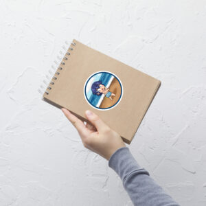 Hand holding a medium 4x4 inch Fire Emblem sticker of Chrom in a retro-style beach design with a blush.