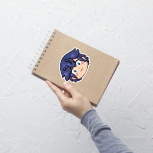 Fire Emblem sticker of Chrom (large, 5.5x5.5) displayed prominently on a brown spiral-bound notebook.