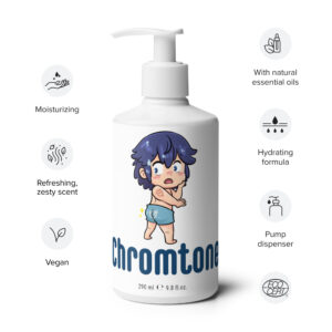 Chromtone Fire Emblem Lotion bottle with icons for moisturizing, vegan, and hydrating formula.