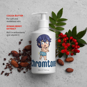 Chromtone Fire Emblem Lotion with cocoa butter and rowan berries highlighting key ingredients.