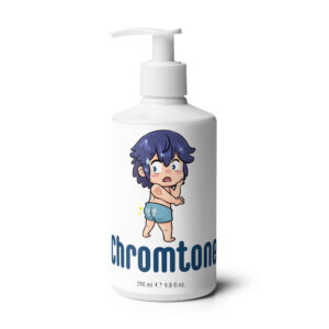 Chromtone Fire Emblem Lotion bottle featuring a chibi Chrom in swim trunks parodying the classic sunscreen ad design.
