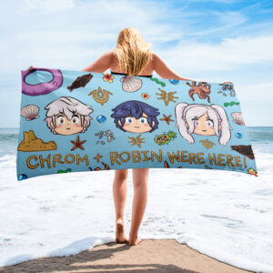 Person holding the blue Fire Emblem Towel wide at the beach, displaying the full Summer Scramble (Ocean) layout with Chrom, Robin, and tropical decorations.