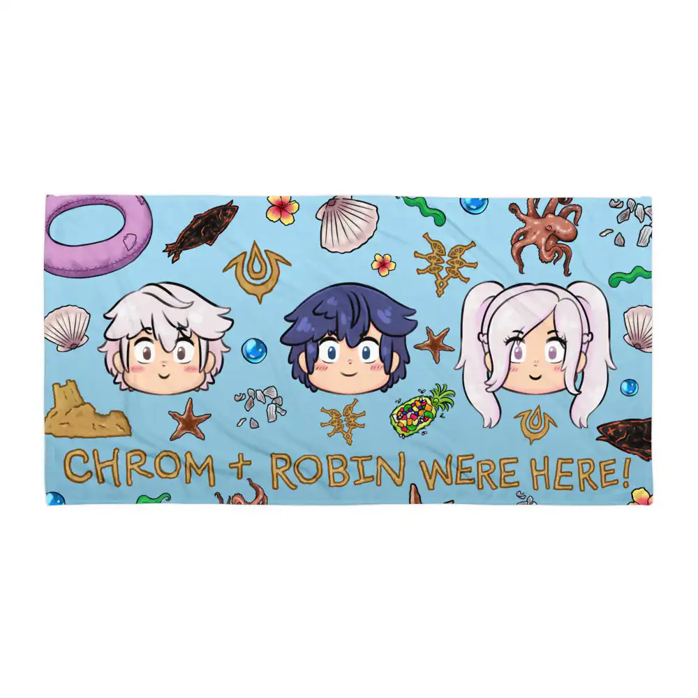 Summer Scramble (Ocean) - Beach Towel Folded Fire Emblem Towel showing the full Summer Scramble (Ocean) artwork with beach-themed icons and Chrom, Robin, and Robin illustrations on a cool blue background.