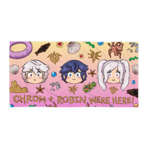 Folded Fire Emblem Towel displaying the full Summer Scramble artwork with Chrom, Robin, and beach-themed icons on a pink sunset background.