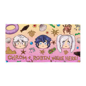 Summer Scramble (Sunset) - Beach Towel Folded Fire Emblem Towel displaying the full Summer Scramble artwork with Chrom, Robin, and beach-themed icons on a pink sunset background.